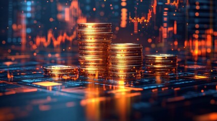 Gold Coins Cryptocurrency Digital Circuit Board Finance Analytics Trading Online