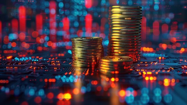 Golden Coins Technology Circuit Board Cryptocurrency Financial Investment Digital