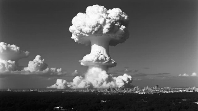Giant nuclear mushroom cloud rising above a city skyline, black and white footage
