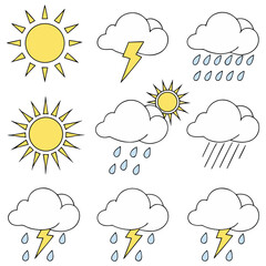 Minimal Weather Icons Set,Sun, Rain, Cloud, Thunderstorm Vector Illustration,