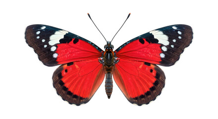 Naklejka premium Butterfly Vibrant red wings with black & white spotted tips, symmetrical view