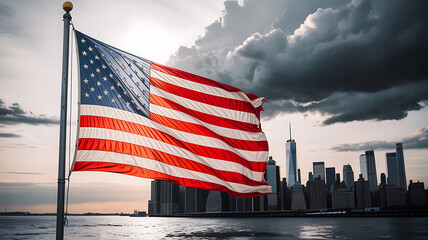 American Flag Waving Against New York City Skyline and Clouds stars and stripes patriotism