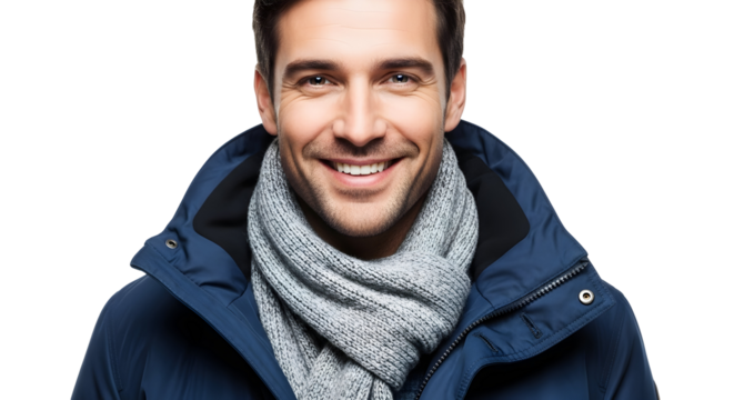 Smiling young man in warm winter attire exuding confidence and joy, embracing the season with a stylish jacket and cozy scarf, presented on a clean background