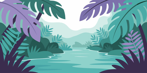 Lush tropical landscape with vibrant foliage and serene river, ideal for nature-themed designs or calming backgrounds, evokes tranquility and escape