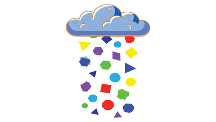 Flat vector of a raincloud raining down colorful geometric shapes instead of water.
