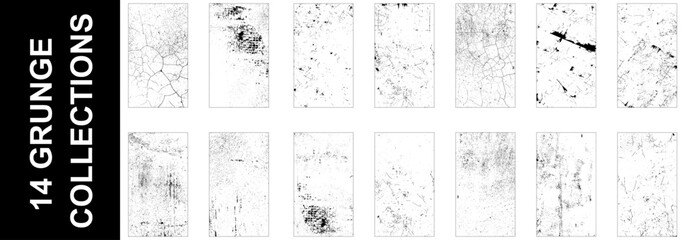 Collection of 14 grunge dust and scratch wall texture. Vector bundle.