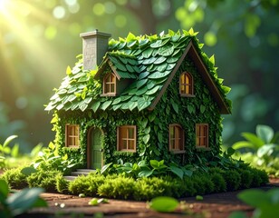 Fototapeta premium house figurine made of green leafs, ecology concept