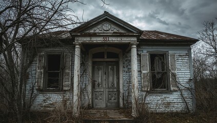 Architectural Relic. Facade of a Weathered Structure, Pale Colors and Decayed Texture.