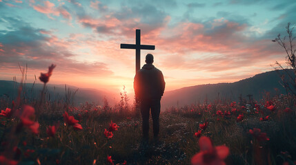 Man Praying Before the Cross – Christian Faith Concept