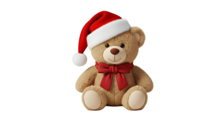 Charming plush teddy bear, adorned with a festive red Santa hat and a delightful neck bow, symbolizing joy and warmth for Christmas and winter holiday designs