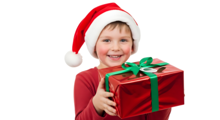 Happy child in a festive Santa hat presents a red gift box with green ribbon, radiating joy and the spirit of giving for a cheerful holiday celebration