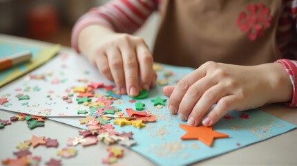 Obraz premium Childs Hands Assembling a Colorful Puzzle on a Table.