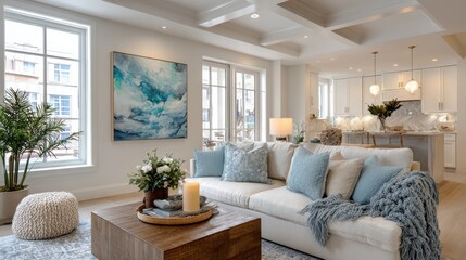 Modern Coastal Living Room Interior Design with Natural Light and Cozy Decor