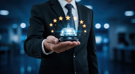 Hotel Manager Holding Service Bell with Five Stars Representing Hospitality Excellence and Premium Service 