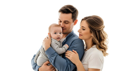 Joyful new parents share a loving moment with their infant child, capturing the tender embrace and happiness of a young family bonding in a bright studio setting