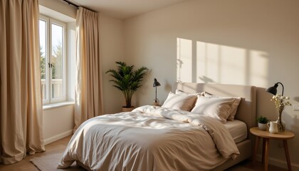 Light and Shadows in a Minimalist Bedroom Featuring a Cozy Bed and Elegant Window View