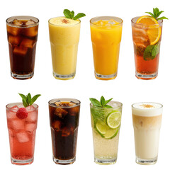 Ten diverse cold beverages in clear glasses, garnished with fruit, mint, basil, and ice, flat lay on a transparent background, concept for refreshing beverage advertising