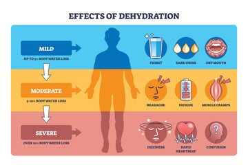 Dehydration effects overview, human silhouette, symptom icons, and arrows show mild to severe stages, explaining body water loss and warning signs like thirst and dizziness. Outline diagram