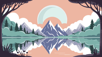 Serene mountain lake reflecting majestic peaks under a pastel sky, evoking tranquility and natural beauty for peaceful contemplation and outdoor inspiration. © Bomi