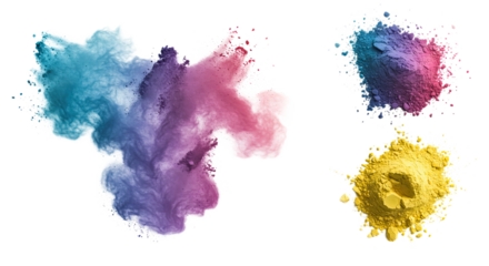 Colorful powder explosion in blue, purple, pink, and yellow on white background, vibrant pigment burst for creative projects and festive designs