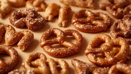 Baked Delights. A Collection of GoldenBrown Pretzels on a Neutral Backdrop.