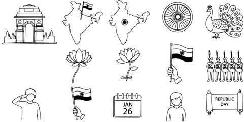 Patriotic Indian Republic Day Celebration Icons Set: National Symbols, Monuments, Flag, Peacock, Lotus, Map, and January 26 Date