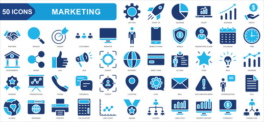 Marketing collection icon set. Start up, Diagram, Chart, Partner, profit, Target, Customer. Simple flat vector.