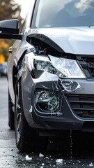 Fototapeta premium Damaged Silver Car Front End After Accident