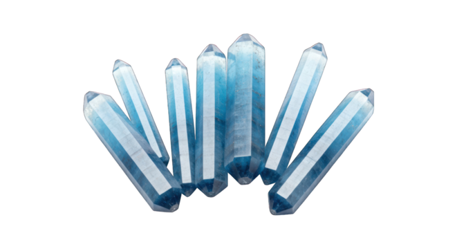 Cluster of six blue-tinted, translucent, slightly fractured crystals