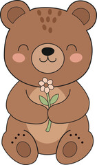Vector Cute Kawaii Brown Bear Holding Pink Flower Illustration