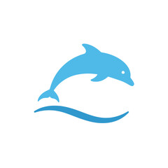 Fototapeta premium Blue dolphin jumping over a wave illustration on a white background.