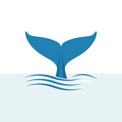 Blue whale tail above water with waves simple graphic illustration.