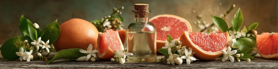 Still life with fresh grapefruit and essential oil on a wooden table