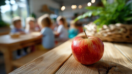 Red apple rests on wooden table in school cafeteria, elementary students blurred in background, focusing on healthy eating, nourishment concepts, scene captures mealtime, education