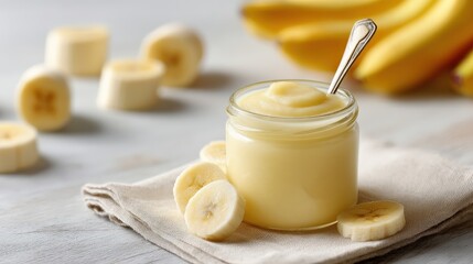 Homemade banana puree or baby food in a glass jar against a background of fresh bananas