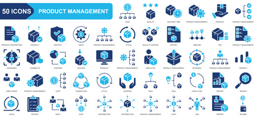 Product management collection icon set. cost, quality, delivery time, product, pay, consumer, thumbs. Simple flat vector.