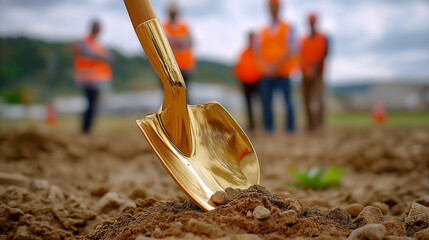 Golden shovel rests on freshly turned soil, symbolizing groundbreaking ceremony, blurred figures in orange vests stand in background, suggesting anticipation, celebration, and team