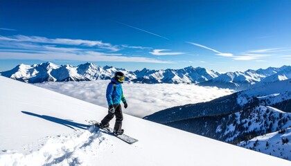 snowboarding in high mountains Blue sky day. Extreme winter sports