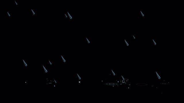 Cartoon rain animation, hand-drawn rain streaks falling on black background, cute doodle raindrop effect, simple rainfall motion overlay for videos, projects, and VFX use. 4K