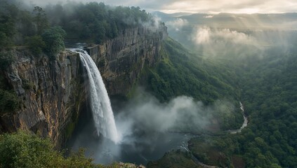 Cascades Descent. A Verdant Vista with Misty Veils and Towering Cliffs, an Aerial View.