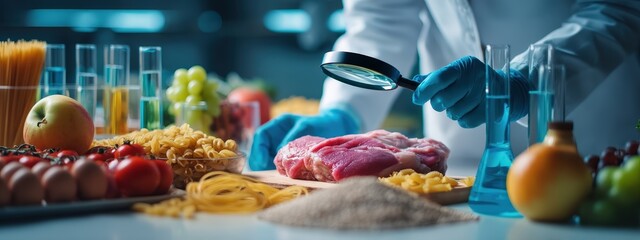 Food safety inspection: magnifying glass over meat and fruit in a laboratory setting