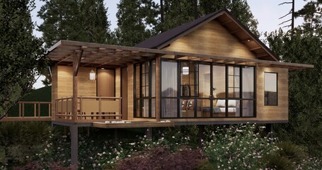 Wooden cabin exterior and interior surrounded by forest, cozy vacation house in natural setting.