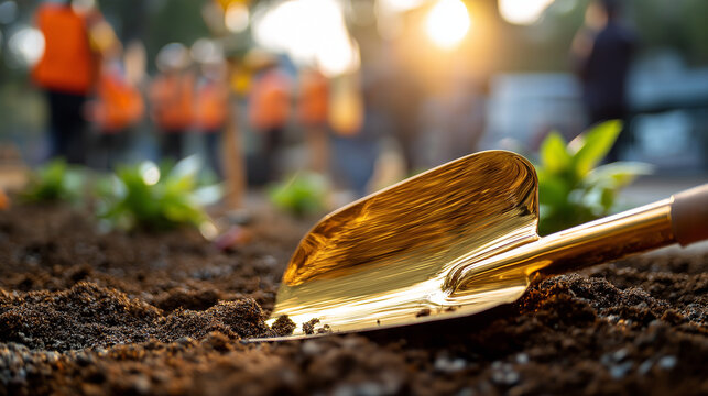 Golden shovel rests on freshly turned soil, symbolizing groundbreaking ceremony, blurred figures in orange vests stand in background, suggesting anticipation, celebration, and team