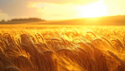 Golden Wheat Field Bathed In Warm Sunset Light With Sun Flare And Distant Rolling Hills