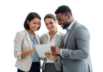 Business team working together with a tablet isolated on white