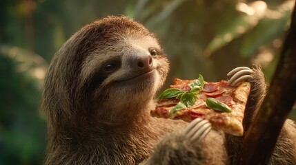 Obraz premium Humorous portrait: a smiling sloth holding a slice of pepperoni pizza