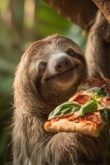 Humorous portrait: a smiling sloth holding a slice of pepperoni pizza