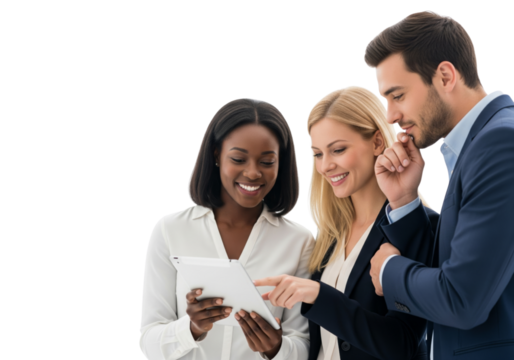 Business team working together with a tablet isolated on white