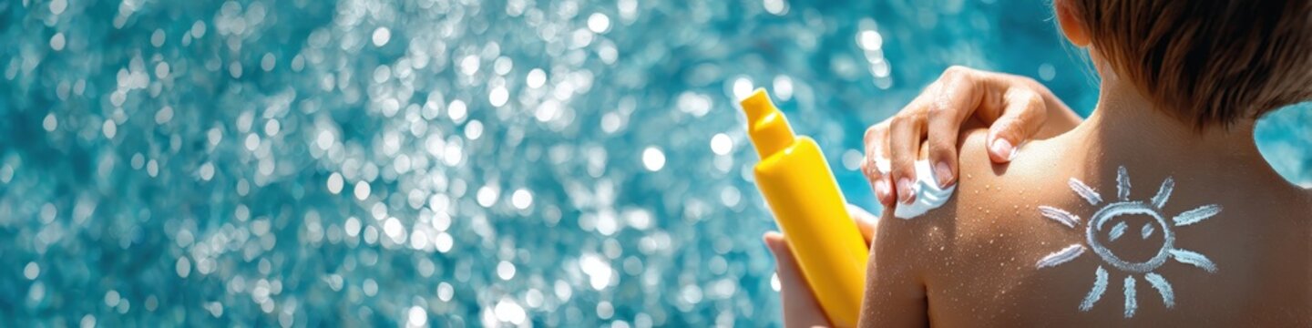 Sun drawing with sunscreen on a child's back by the pool: skin protection and vacation