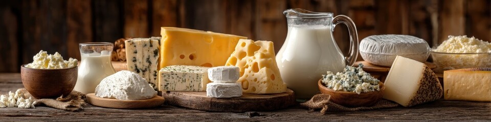 Dairy Abundance: Still life of assorted cheeses, milk, butter, and cottage cheese on wood